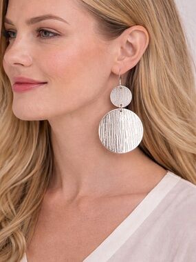Silver Textured Double Disc Drop Earrings
